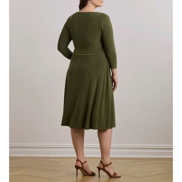 Lauren Ralph Lauren Womens Jersey Dress Sz 16 Olive Green Stretch *No Sash $145 - Picture 3 of 11